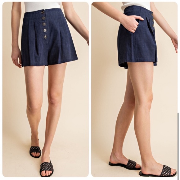 Navy Blue High Waisted Linen Shorts - Picture 3 of 5